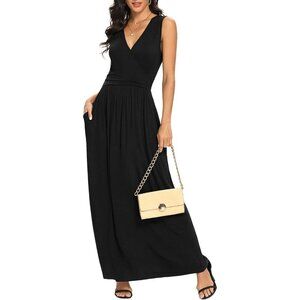 Women Black Deep V Neck Sleeveless Loose Plain Long Maxi Stretchy Casual Dress